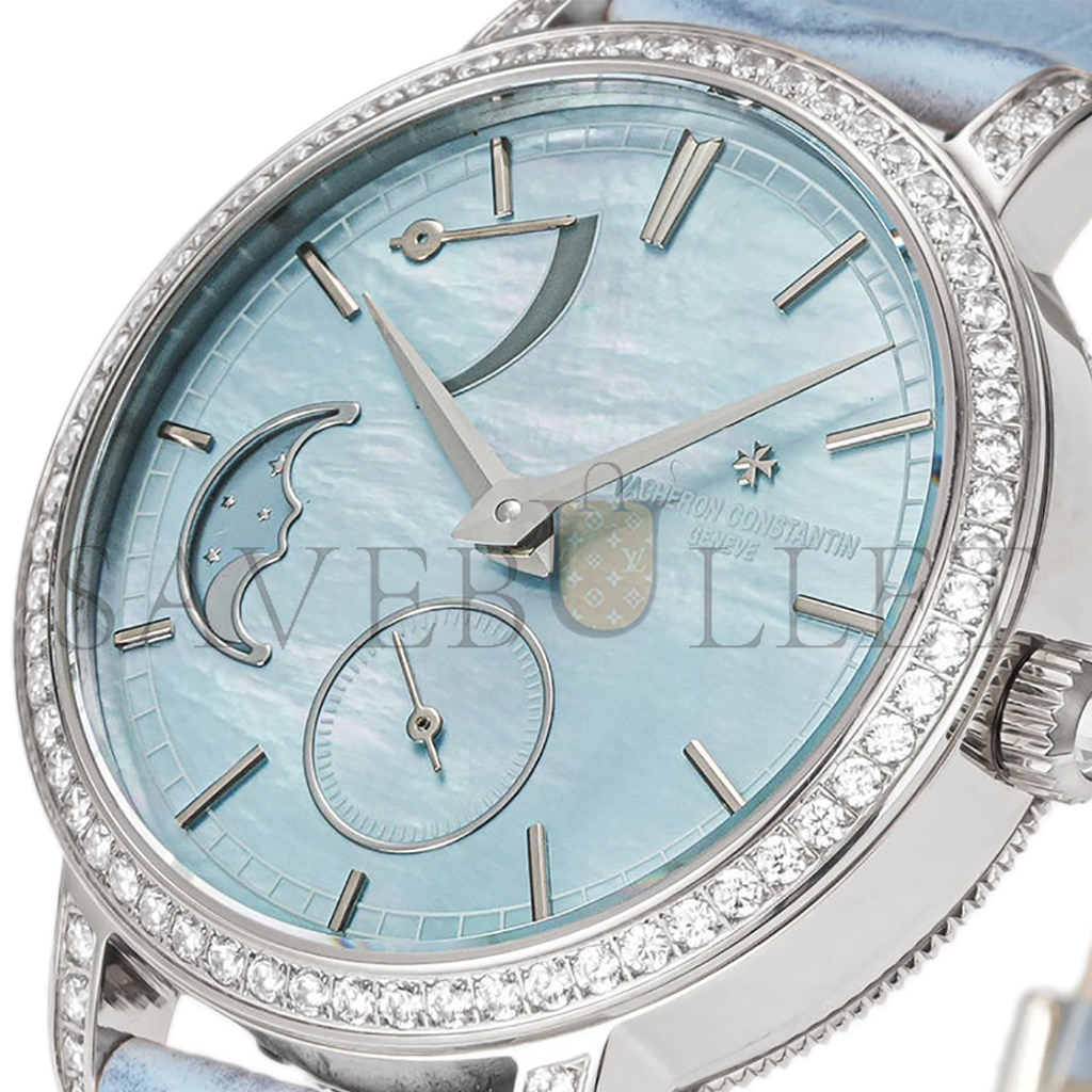 VACHERON CONSTANTIN TRADITIONELLE MOON PHASE BLUE MOP DIAL WITH DIAMOND BEZEL IN WHITE GOLD ON BLUE LEATHER STRAP WATCH 83570/000G-9916